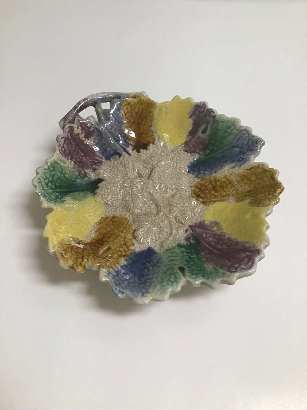 Antique Majolica Leaf Plate 1880's ? Morley & Co. Wellsville OH  7x7” Colorful - Picture 8 of 13